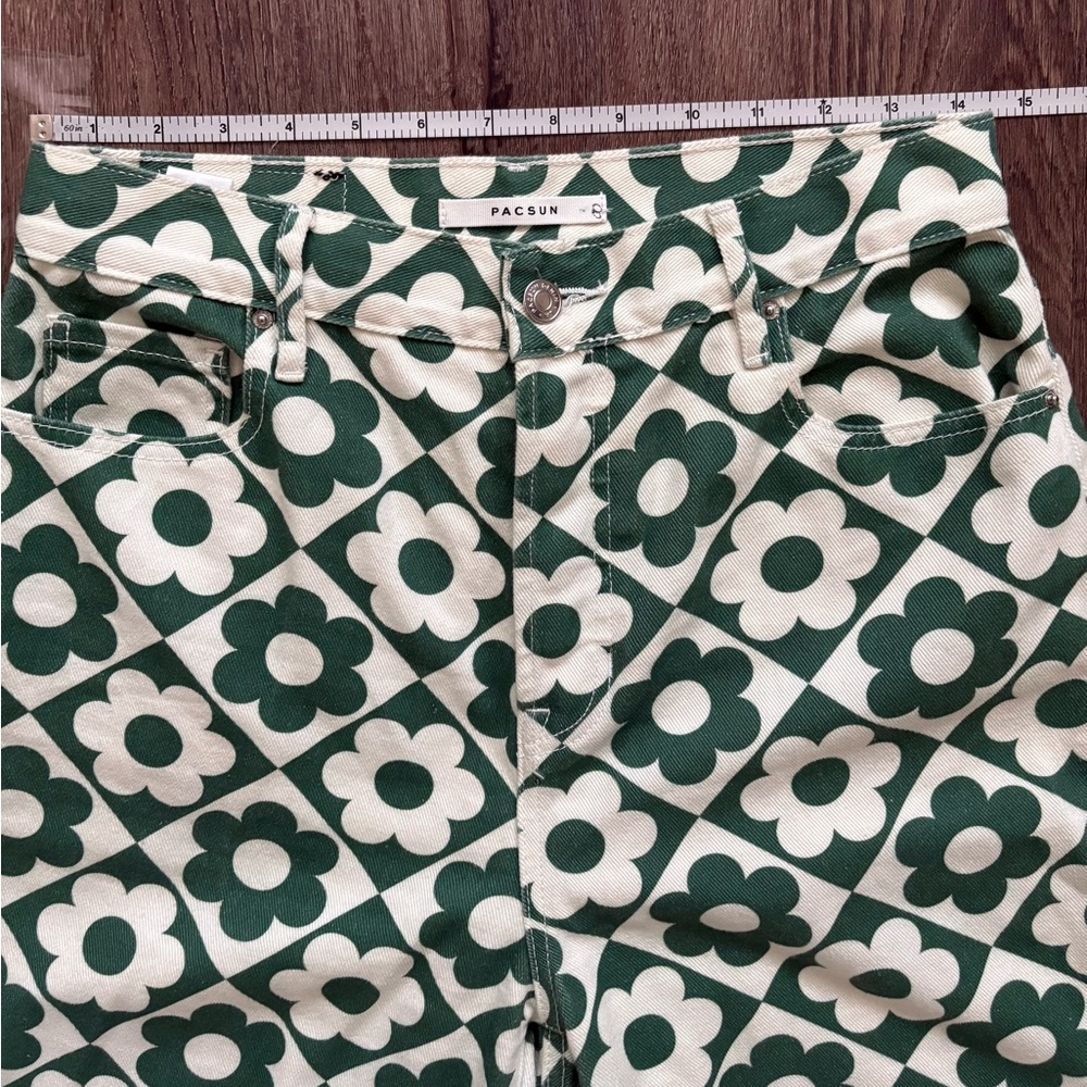 Pac Sun Green & White Retro Floral Button Fly Jeans Size 28 | - Picture 7 of 8
